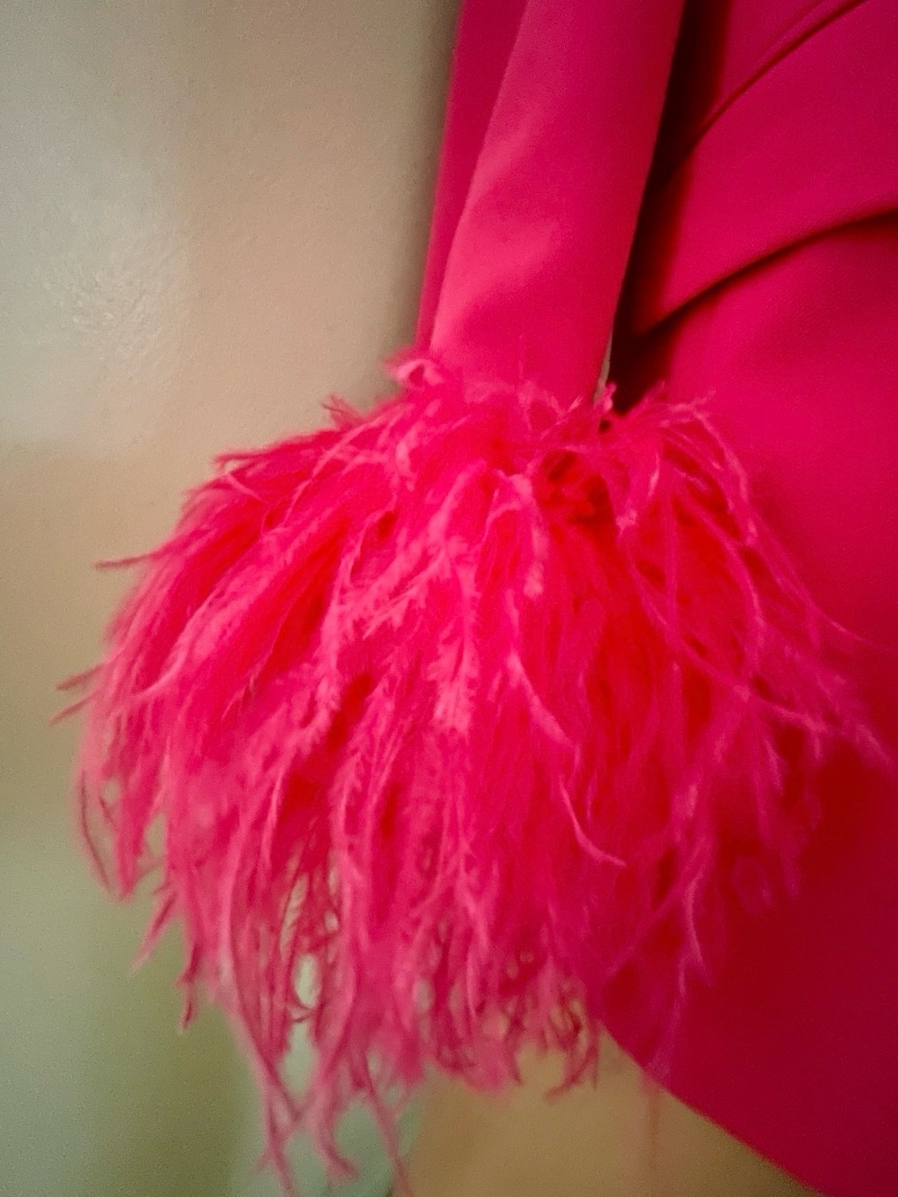 ZARA Straight Cut Hot PINK FEATHER BLAZER Jacket With Marabou Cuffs Size Large - Picture 3 of 13